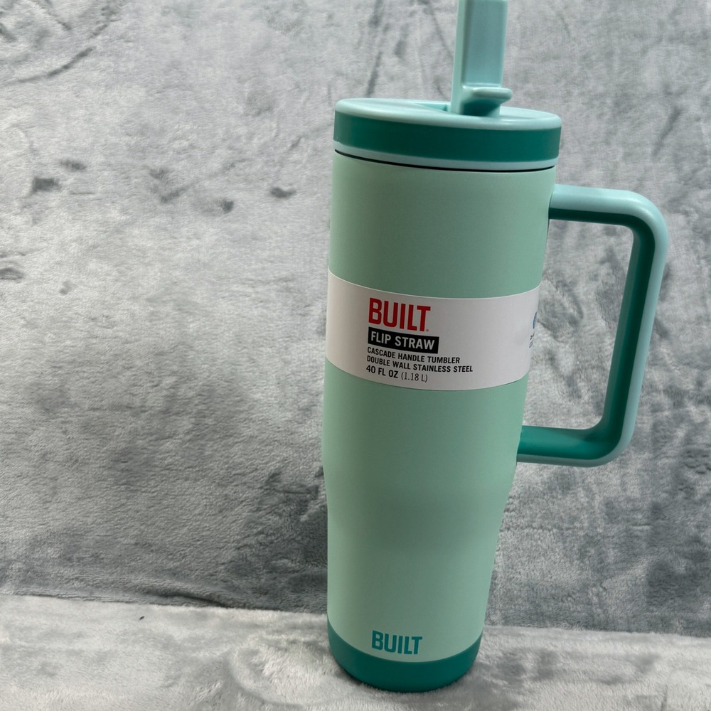 BUILT Flip Straw Cascade Handle Tumbler 40oz Mint Teal Stainless Travel Mug